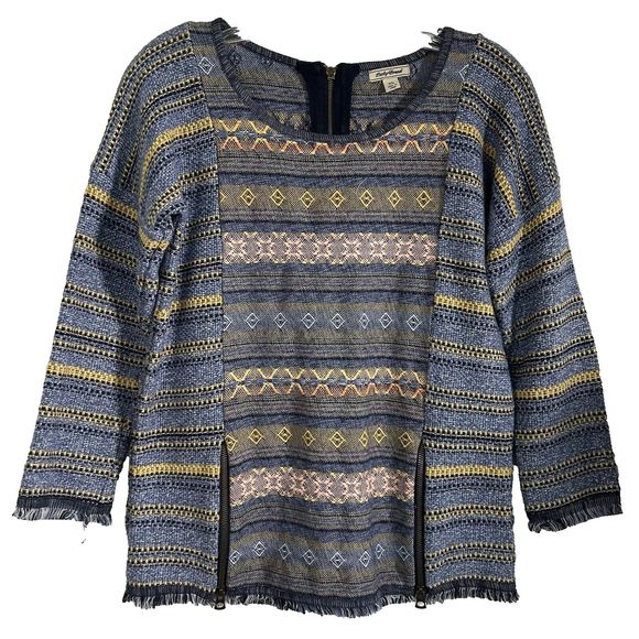Lucky Brand Womens Sz XS Escape Bohemian Aztec Blue Sweater Exposed Zippers - Picture 4 of 16